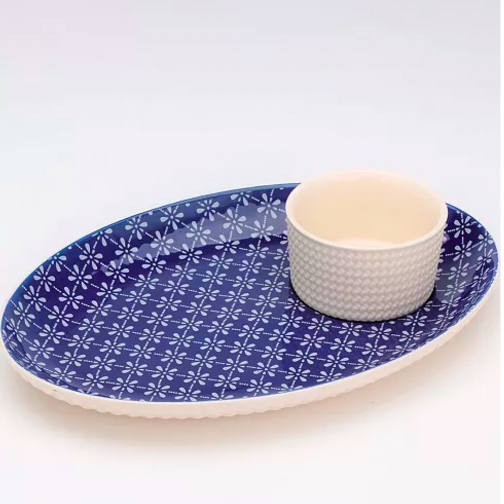 Thirstystone Blue White Textile Chip N Dip Platter Bowl Set NEW